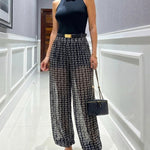 Women's Vintage Chain Print Sheer Chiffon Pants High-Waisted Loose Lantern Joggers Lightweight Breathable Lounge Pants with Pockets