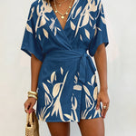 Women's Tropical Plant Print Romper Casual V-Neck Wrap Knot Side Skorts Romper Batwing Sleeve Short Jumpsuit