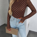 Women's Mesh Polka Dot Top Lined Sheer Long Sleeve Tee Crewneck Slim Fit Layering Under Base Top with Thumbholes
