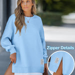 Letter Patch Detail Long Sleeve Drop Shoulder Pullover Sweatshirt Casual Zipper Side Slit Top