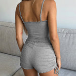 Women's 2 Piece Frill Hem Lounge Set U-Neck Cami Top and Drawstring Ruched Shorts Set Soft Pajamas Set