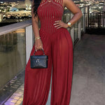 Women's Rhinestone Cutout Jumpsuit Sleeveless Sheer Chiffon Lantern Leg Overalls
