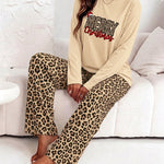 Women's Two Piece Pajamas Set Christmas Letter Print Long Sleeve Top and Leopard Pants with Pockets