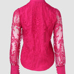 Women's Elegant Mesh Patchwork Shirt Floral Embroidery Stand Collar Pearl Button Long Sleeve Blouse