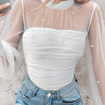 Pearls Decor Mock Neck Sheer Mesh Spliced Ruched Tee Hollow-out Back Slim Fit Textured Top