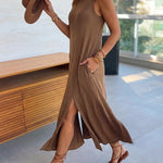 Women's Sleeveless Ribbed Knit Maxi Dress Loose A-Line Slit Tank Dress Casual Lounge Long Dress with Pockets