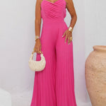 Women's Pleated Wide Leg Jumpsuit Spaghetti Strap High Waisted Shirred Backless Flared Overalls