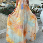 CHICME Women's Tie Dye Print Chiffon Maxi Dress Halter Neck Backless Tied Flowy A-Line Long Dress for Vacation