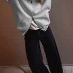 Women's Two-Way Zipper Front Stretchy Hem Coat Stand Collar Drop Shoulder Sweatshirt with Pockets