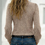 Button Decor Asymmetrical V-Neck Long Sleeve Ribbed Tee Casual Knit Brushed Top