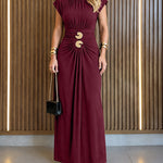 Women's Boat Neck Ruched Maxi Dress Gold Buckle Cap Sleeve Formal Evening Gown