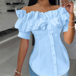 Ruffles Off Shoulder Short Sleeve Button Front Blouse Asymmetrical Hem Top