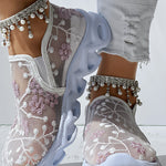 Floral Pattern Sheer Mesh Patch Round Toe Sneakers