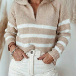 Women's Half Zip Striped Sweater Colorblock Turn-down Collar Knit Pullover Drop Shoulder Loose Fit Top