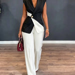Women's Colorblock 2 Piece Suit Asymmetric Blazer Vest and High Waisted Straight Leg Pants Elegant Business Outfit
