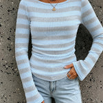 Women's Boat Neck Striped Long Flare Sleeve Ruched Knit Top