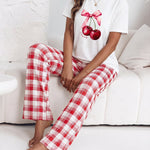 2 Pieces Outfit Cherry & Bowknot Print Short Sleeve Top and Plaid Print Elastic Waist Pants Set Casual Pajamas Set