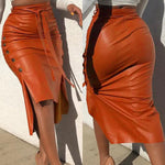 High Waisted Belted Pu Leather Pencil Skirt Side Button Split Work Midi Skirt