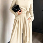 Women's 2 Piece Knit Lounge Set Long Sleeve Tie Waist Top and High Waisted Wide Leg Pants Casual Soft Sweatsuit with Pockets