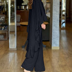 2 Pieces Outfit High Neck Hollow-out Back Ruffles High-Low Hem Cape and Casual Elastic Back Waist Wide Leg Pants Set
