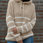 Women's Striped Henley Drawstring Hooded Sweater Loose Fit Lantern Sleeve Knit Pullover