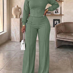2 Pieces Outfit O-neck Long Sleeve Cinched Waist Sweatshirt and Elastic Waist Wide Leg Pants Set Casual Seam Design Sweatpants Set