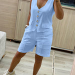 2 Pieces Outfit V Neck Button Front Flap Detail Vest Top and Casual Pockets Design Zipper Fly Elastic Back Waist Shorts Set