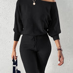 2 Pieces Outfit Skew Neck Long Sleeve Loose Pullover Top and Drawstring High Waist Slim Fit Pants Set