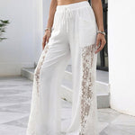 Women's Boho Lace Spliced Wide Leg Pants Casual Drawstring High Waist Pants