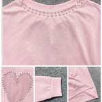 Pearls Decor Sheer Heart Pattern Mesh Spliced Tee Casual Drop Shoulder Long Sleeve Top