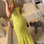 Ditsy Floral Print U-Neck Self Tie Spaghetti Straps Mermaid Hem Maxi Dress Slim Fit Ruched Tied Detail Vacation Dress
