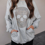 Women's Rhinestone Skull Graphic Loose Sweatshirt Drop Shoulder Crewneck Pullover Top