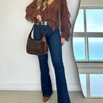 V Neck Shoulder Ruffles Design Blouse Casual Button Front Long Sleeve Top