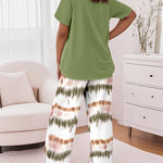 2 Pieces Outfit Letter Print Round Neck Short Sleeve Top And Tie Dye Print Elastic Waist Loose Fit Pants Set Casual Pajamas Set