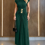Women's Boat Neck Ruched Maxi Dress Gold Buckle Cap Sleeve Formal Evening Gown