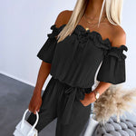 Frill Trim Off Shoulder Short Sleeve Tie Waist Overalls Casual Textured Jumpsuit