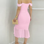 Women's Off Shoulder Mesh Dress Pearls Decor Strap Ruched Bodycon Dress Ruffle Hem Slit Evening Party Dress