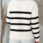 Women's Half Zip Striped Sweater Colorblock Turn-down Collar Knit Pullover Drop Shoulder Loose Fit Top