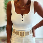 U-Neck Sleeveless Half Button Front Tank Slim Fit Backless Knit Waffle Tank Top