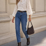 Women's Sheer Floral Lace Backless Bowknot Blouse Lantern Sleeve Crop Top