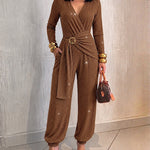 Women's Glitter Tied Detail High Waist Jumpsuit Overlap V Neck Long Sleeve Overalls