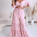 Sweetheart Neck Puff Sleeve Drawstring Front Shirred Overalls Casual Cutout Front Ruffle Hem Wide Leg Jumpsuit