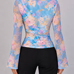 Women's Floral Watercolor Print Boat Neck Ruched Sheer Mesh Flare Sleeve Top