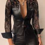 Women's Floral Lace Spliced Button-Down PU Leather Shirt Top