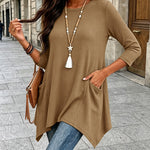 Women's Ribbed Asymmetrical Hem Top Crewneck Three Quarters Sleeve A-Line Casual Top