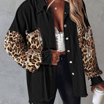 Contrast Sequin Leopard Print Spliced Turn-down Collar Button Front Denim Jacket Casual Pockets Design Raw Hem Coat