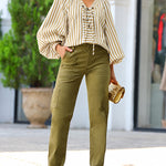 Women's Vintage Striped Lace-Up V-Neck Lantern Sleeve Blouse