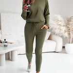 2 Pieces Outfit Long Sleeve Skew Neck Pullover Top and Drawstring Elastic Waist Slim Fit Pants Set