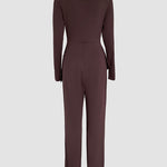 Cowl Neck Asymmetrical Textured Patchwork Cinched Waist Jumpsuit Casual Zipper Back Wide Leg Jumpsuit