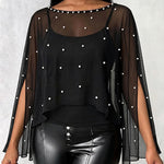 Women's 2 Piece Set Split Sleeve Pearl Sheer Chiffon Cape Top with Cami Top